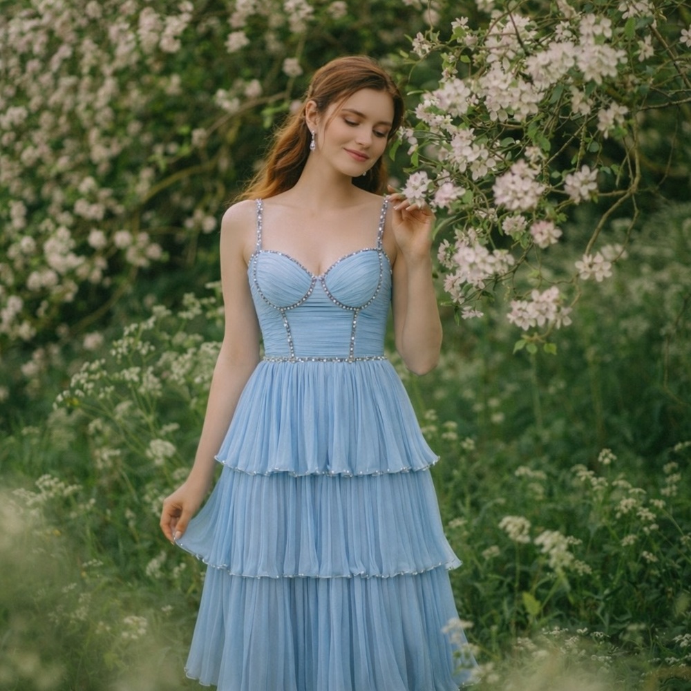 Baby Blue Chiffon Tiered Dress Rhinestone Bustier Pleated Cocktail Party Womens